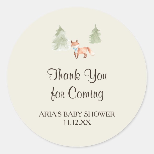 Woodland Fox Boy Baby Shower Favour Classic Round Sticker (Front)