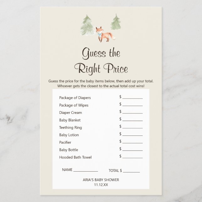 Woodland Fox Boy Shower Guess The Right Price Game Flyer (Front)