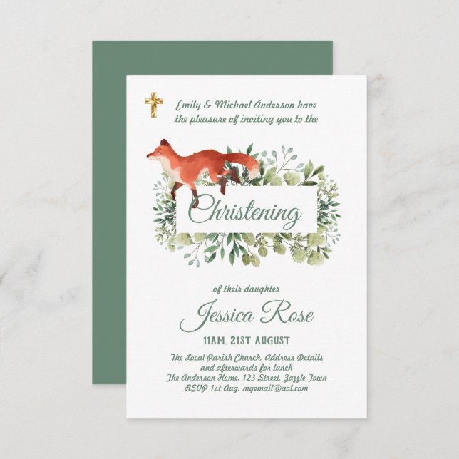 Woodland Fox Christening Invites Baptism  (Front/Back)