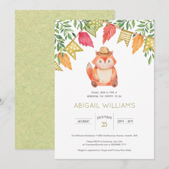 Woodland Fox Family Party Minimal Baby Shower Invitation (Front/Back)