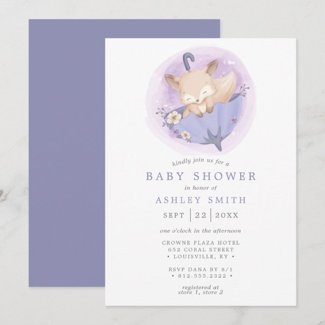 Woodland Fox Floral Umbrella Purple Baby Shower Invitation (Front/Back)