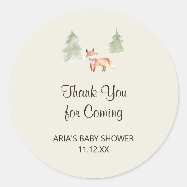 Woodland Fox Girl Baby Shower Favour Classic Round Sticker (Front)