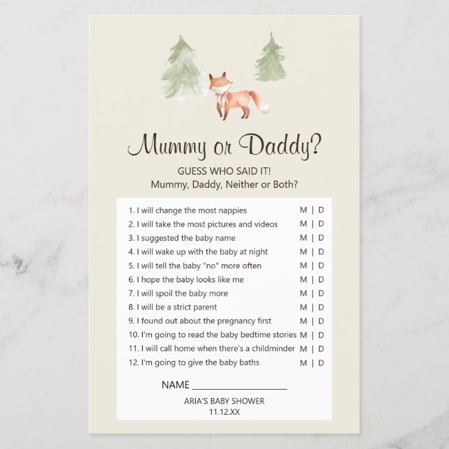 Woodland Fox Girl Baby Shower Mummy or Daddy Game Flyer (Front)