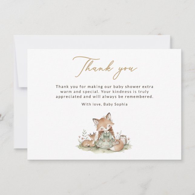 Woodland Fox Girl Baby Shower Thank You Card (Front)