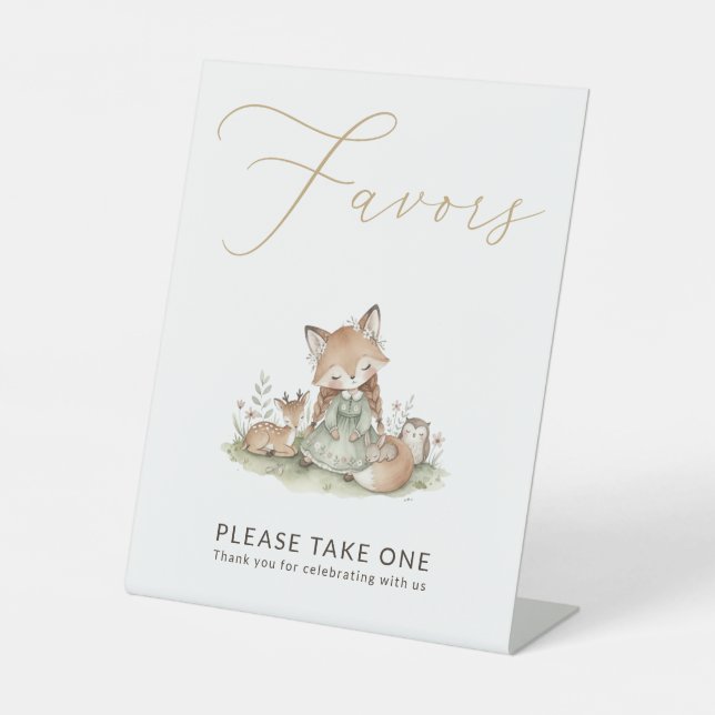 Woodland Fox Girl Favors Baby Shower Pedestal Sign (Front)