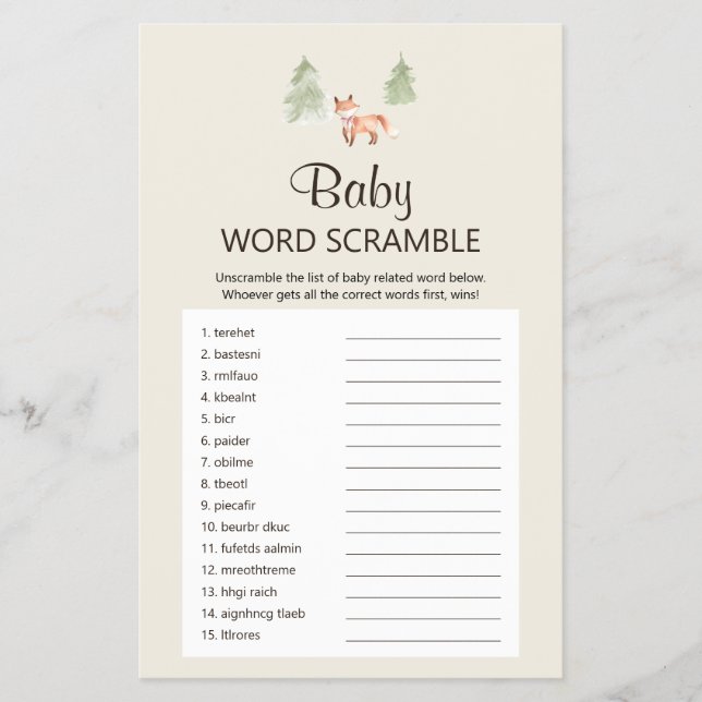 Woodland Fox Girl Shower Baby Word Scramble Game Flyer (Front)