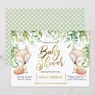 Woodland fox, Greenery, Faux Gold Baby Boy Shower Invitation
