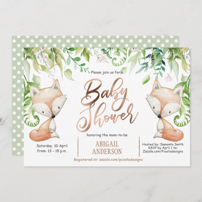 Woodland Fox, Greenery, Rose Gold Baby Boy Shower Invitation (Front/Back)