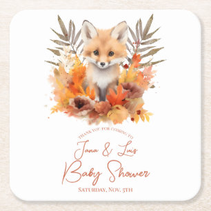 Woodland Fox Greenery Watercolor Leaf Baby Shower Square Paper Coaster