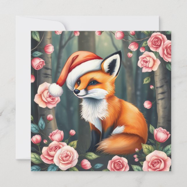 Woodland fox in Christmas hat holiday card (Front)