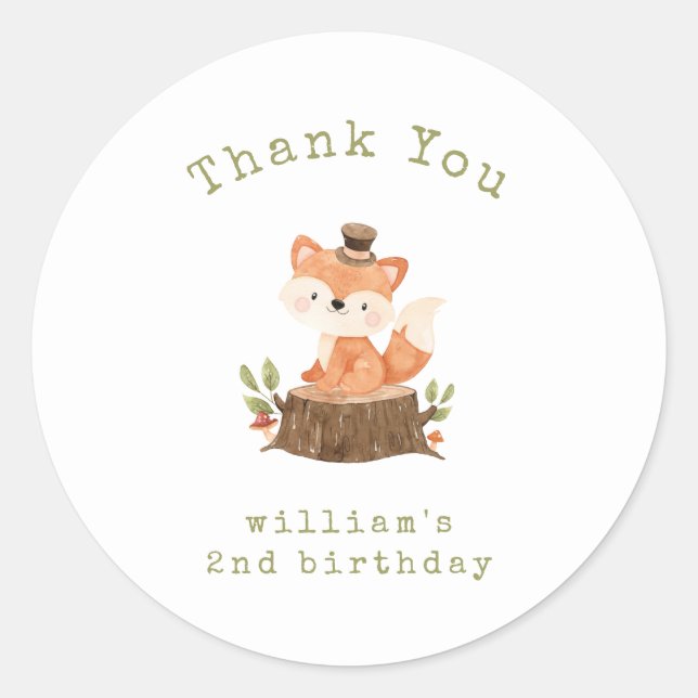 Woodland Fox Minimalist Birthday Thank You Classic Round Sticker (Front)