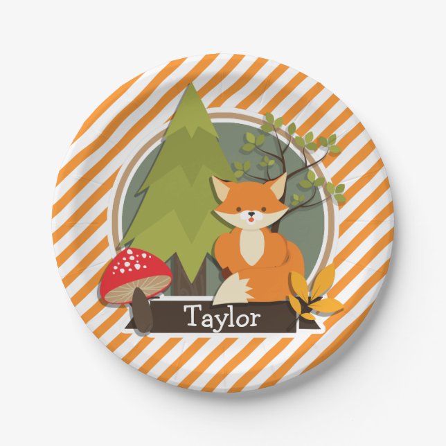 Woodland Fox; Orange and White Stripes Paper Plate (Front)