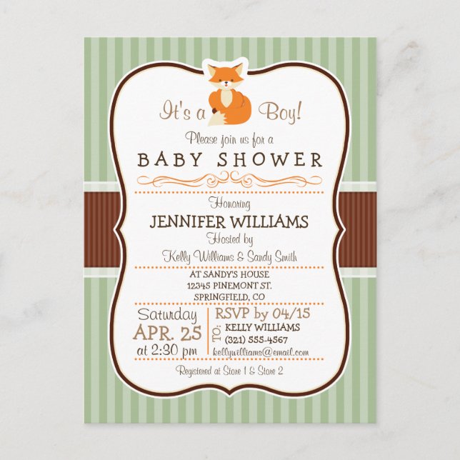 Woodland Fox; Orange, Sage, Brown Baby Shower Invitation Postcard (Front)