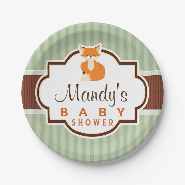 Woodland Fox; Orange, Sage, Brown Baby Shower Paper Plate (Front)