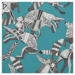 woodland fox party teal blue fabric