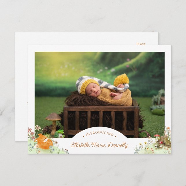 Woodland Fox Photo Birth Announcement Postcard (Front/Back)