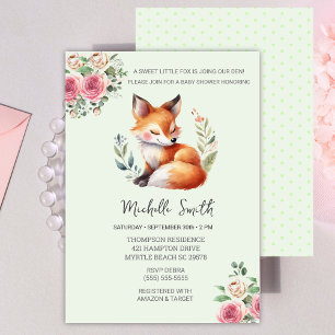 Woodland Fox Pink Floral Baby Shower Invitation