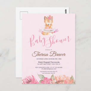 Woodland Fox Pink Watercolor Floral Baby Shower Postcard