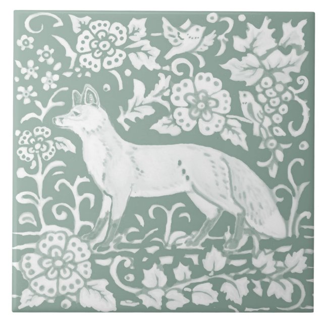 Woodland Fox Sage Green Floral Nature Design Ceramic Tile (Front)