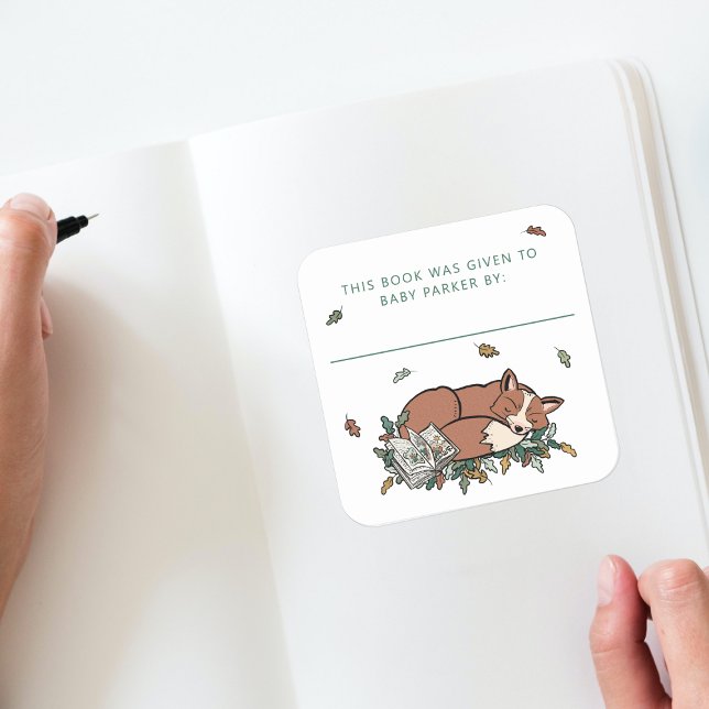 Woodland Fox Storybook Baby Bookplates Square Sticker (Woodland Storybook Baby Shower Bookplate )