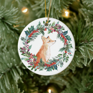 Woodland Fox Watercolor Christmas Ceramic Ornament