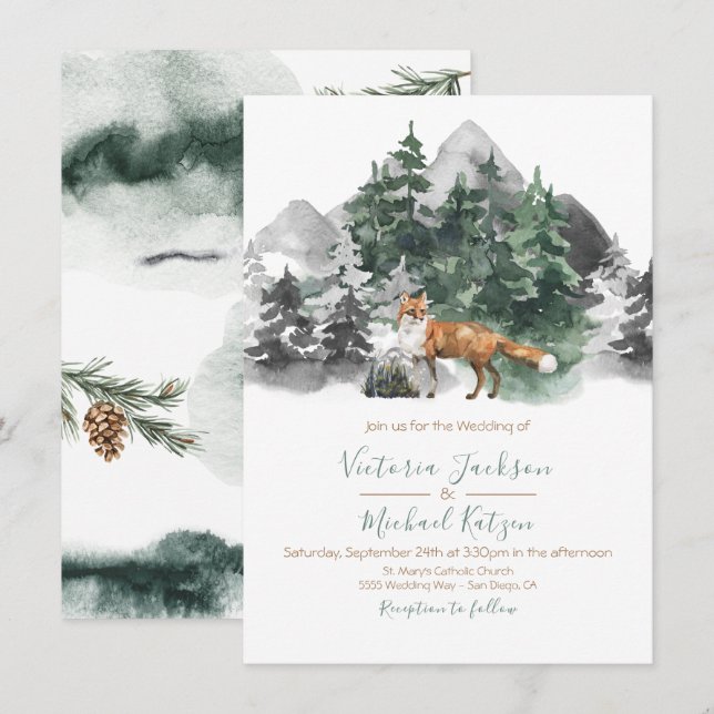 Woodland fox Watercolor Mountain Wedding Invitation (Front/Back)
