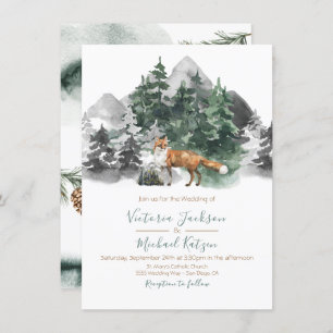 Woodland fox Watercolor Mountain Wedding Invitation