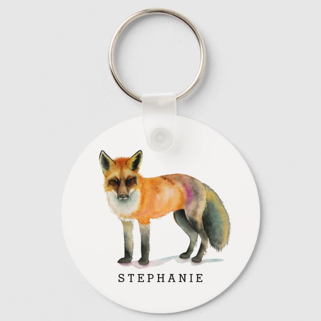 Woodland Fox Watercolor Personalised Key Ring (Front)