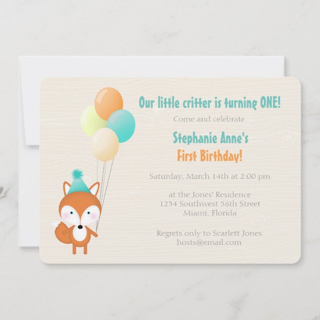 Woodland Fox with Balloons Invitation (Front)