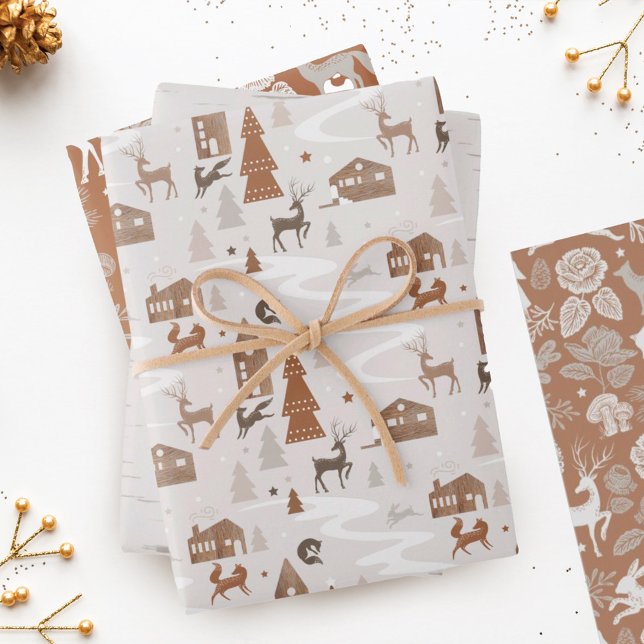 Woodland Foxes, Rabbit & Reindeer Village & Floral Wrapping Paper Sheet (Woodland Foxes, Rabbit & Reindeer Village & Floral Wrapping Paper Sheets)