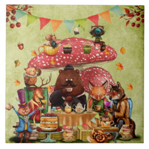 Woodland Friends at Teatime in Forest Ceramic Tile