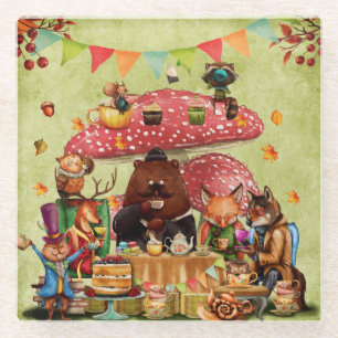 Woodland Friends at Teatime in Forest Glass Coaster
