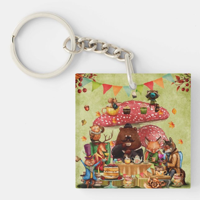 Woodland Friends at Teatime in Forest Key Ring (Front)