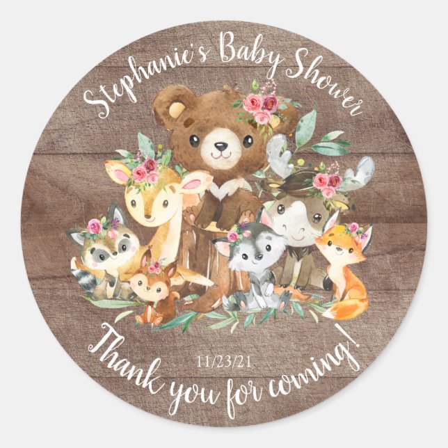 Woodland Friends Baby Shower Favour Classic Round Sticker (Front)