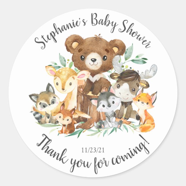 Woodland Friends Baby Shower Favour Classic Round Sticker (Front)