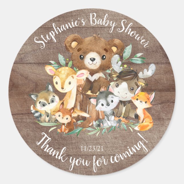 Woodland Friends Baby Shower Favour Classic Round Sticker (Front)