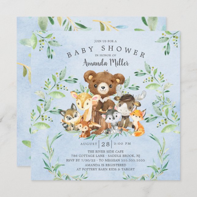 Woodland Friends Boys Baby Shower Invitation (Front/Back)