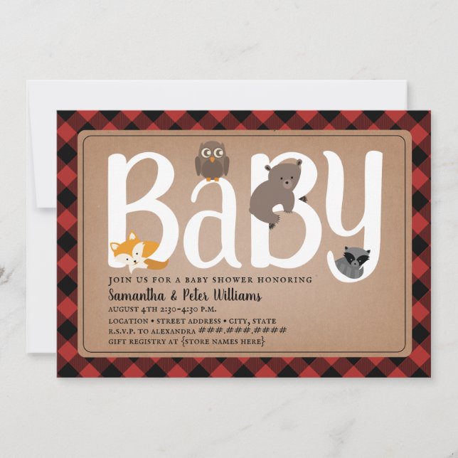 Woodland Friends Buffalo Plaid Baby Shower Invitation (Front)