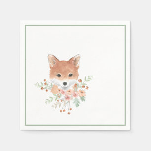 Woodland Friends Fox Floral Green Watercolor Napkin