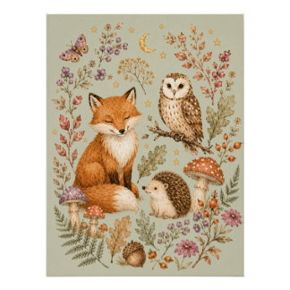 Woodland Friends Fox, Owl and Hedgehog Poster