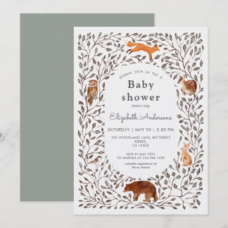 Woodland Friends Gender Neutral Sage Baby Shower Invitation