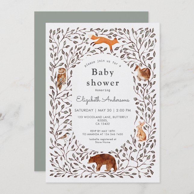 Woodland Friends Gender Neutral Sage Baby Shower Invitation (Front/Back)