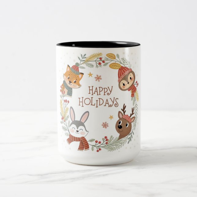 Woodland Friends Happy Holidays Circle Two-Tone Coffee Mug (Center)