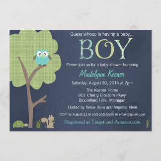 Woodland Friends Little Owl Baby Boy Shower Invite