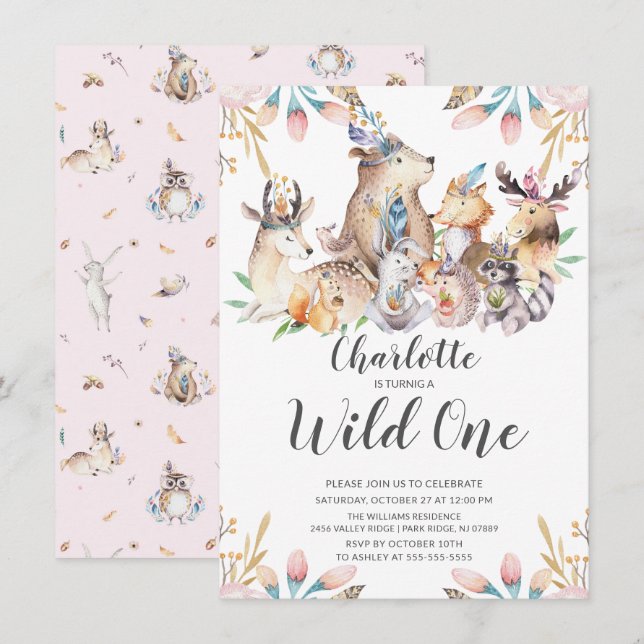 Woodland Friends Wild One Girls 1st Birthday Invit Invitation (Front/Back)