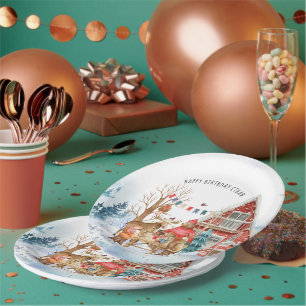 Woodland Friends Winter Christmas Birthday Party Paper Plate
