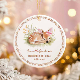 Woodland Girl Baby Birth Stats Photo Christmas Ceramic Ornament