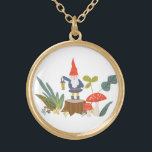 Woodland Gnome Gold Plated Necklace<br><div class="desc">Whimsical green and red woodland themed pattern designed by Shelby Allison featuring tiny gnome characters,  mushrooms,  flowers and foliage.</div>