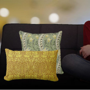 Woodland Gold Bird Rabbit William Morris Pattern Lumbar Cushion