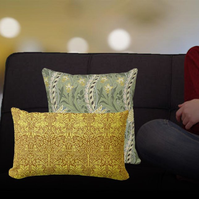 Woodland Gold Bird Rabbit William Morris Pattern Lumbar Cushion (Creator Uploaded)